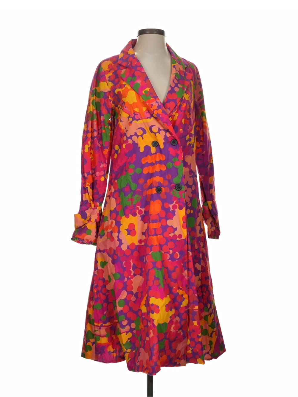 Bold Pink Floral Double-Breasted Long Sleeve Dress